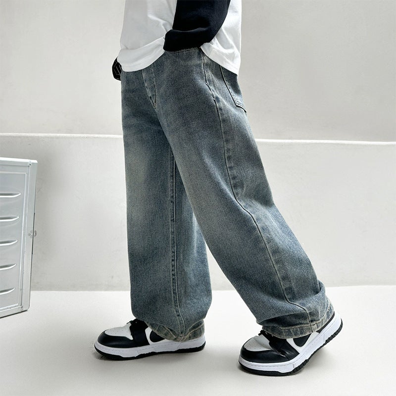 Children'S Clothing Boys' Jeans Long Pants Medium And Large Children Solid Color Sports Wide-Leg Pants Fleece-Lined Straight Pants Fleece-Lined Warm - Image 2