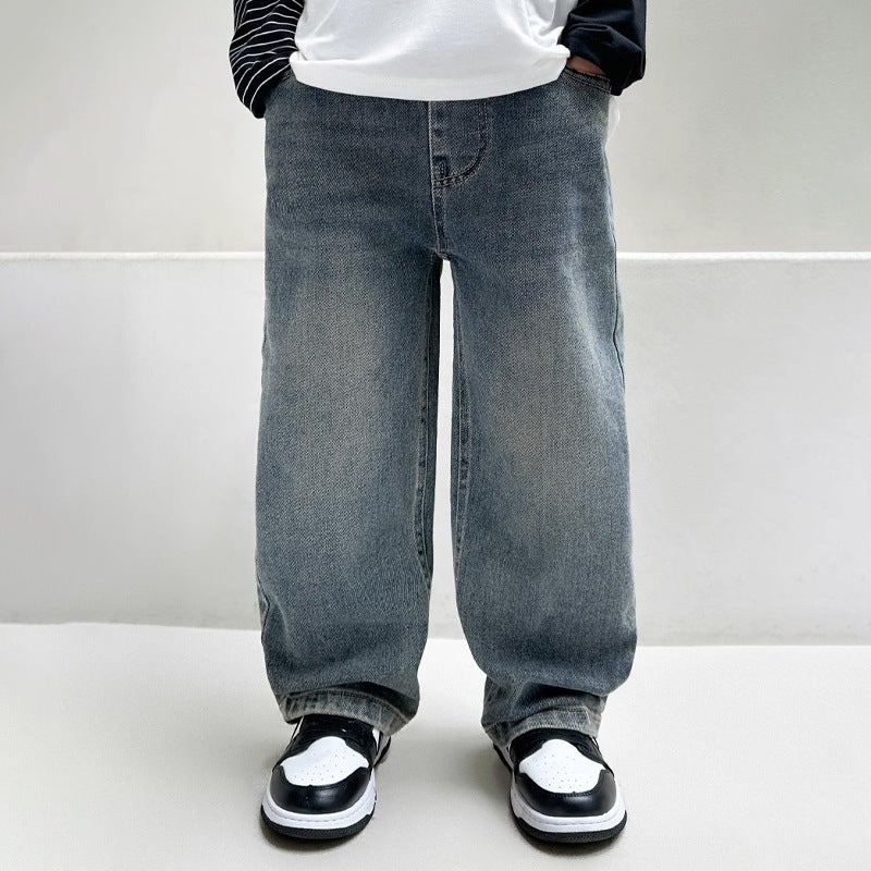 Children'S Clothing Boys' Jeans Long Pants Medium And Large Children Solid Color Sports Wide-Leg Pants Fleece-Lined Straight Pants Fleece-Lined Warm - Image 3
