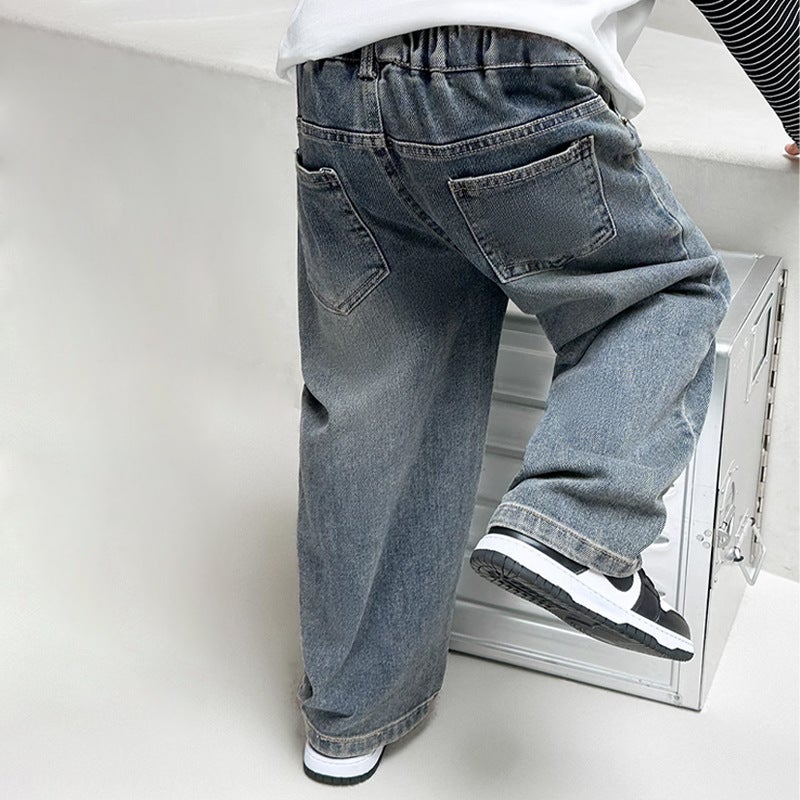 Children'S Clothing Boys' Jeans Long Pants Medium And Large Children Solid Color Sports Wide-Leg Pants Fleece-Lined Straight Pants Fleece-Lined Warm - Image 4