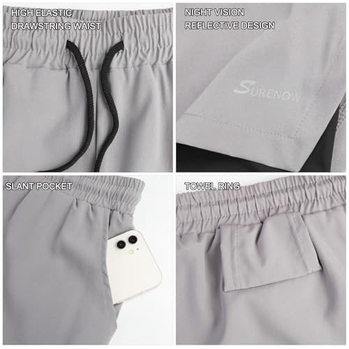 Surenow Mens 2 in 1 Running Shorts Quick Dry Athletic Shorts with Liner, Workout Shorts with Zip Pockets and Towel Loop Light Grey - Image 4