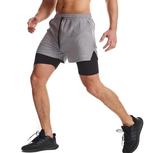 Surenow Mens 2 in 1 Running Shorts Quick Dry Athletic Shorts with Liner, Workout Shorts with Zip Pockets and Towel Loop Light Grey - Image 3