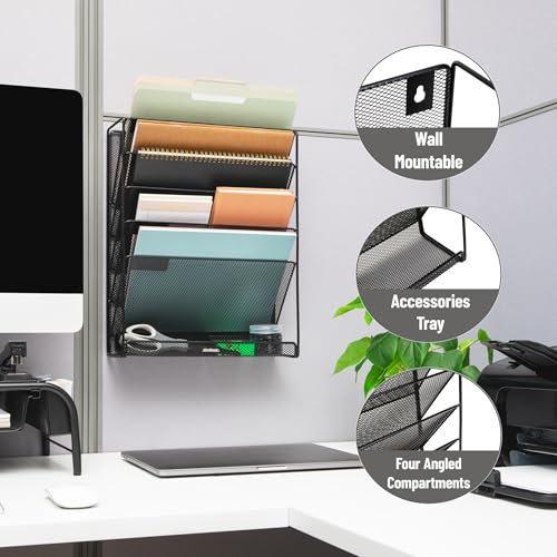 Mind Reader 5-Pocket Vertical File Storage, Desktop Organizer, Wall Mount, Office, Metal Mesh, Black - Image 4