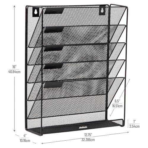 Mind Reader 5-Pocket Vertical File Storage, Desktop Organizer, Wall Mount, Office, Metal Mesh, Black - Image 3