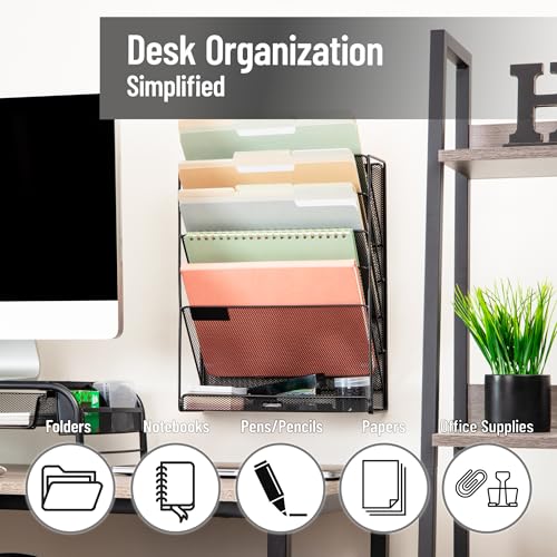Mind Reader 5-Pocket Vertical File Storage, Desktop Organizer, Wall Mount, Office, Metal Mesh, Black - Image 2