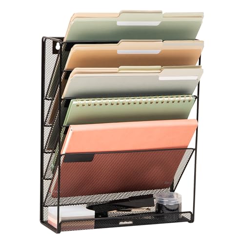 Mind Reader 5-Pocket Vertical File Storage, Desktop Organizer, Wall Mount, Office, Metal Mesh, Black - Image 1