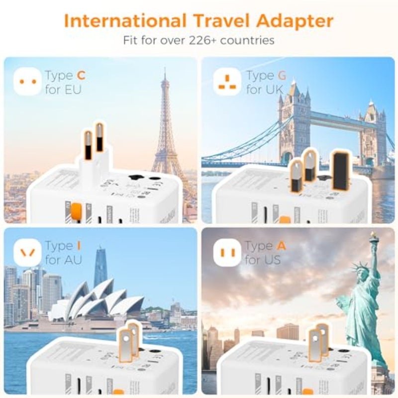 محول سفر عالمي بقدرة 65 وات، محول قابس دولي مع 4 منافذ شحن USB 2 USB C، منفذ طاقة عالمي للولايات المتحدة إلى الاتحاد الأوروبي والمملكة المتحدة وأستراليا وأيرلندا (النوع C، G، A، I) - Image 2