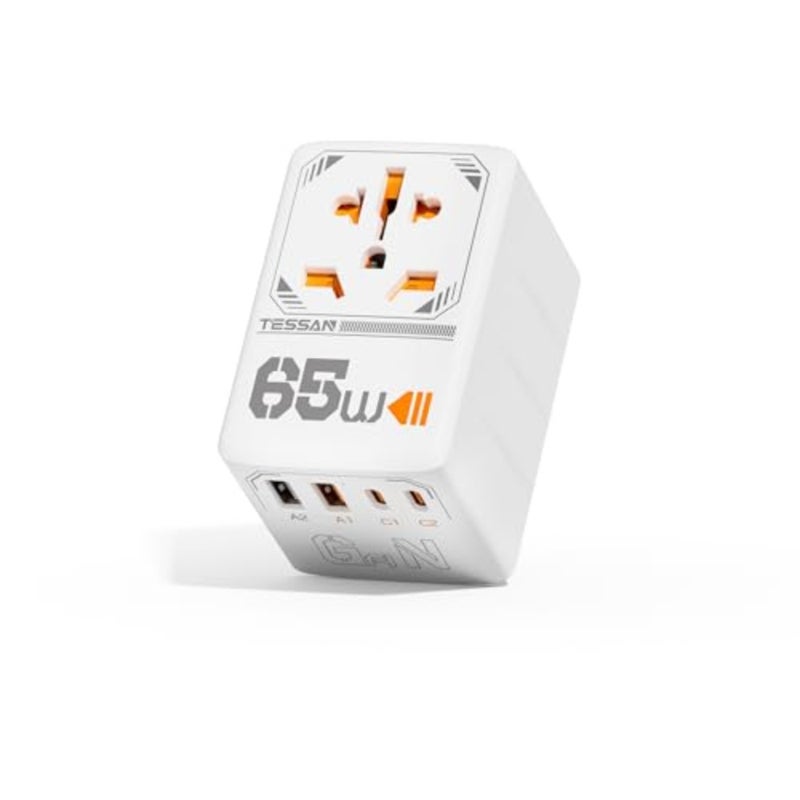 محول سفر عالمي بقدرة 65 وات، محول قابس دولي مع 4 منافذ شحن USB 2 USB C، منفذ طاقة عالمي للولايات المتحدة إلى الاتحاد الأوروبي والمملكة المتحدة وأستراليا وأيرلندا (النوع C، G، A، I) - Image 1