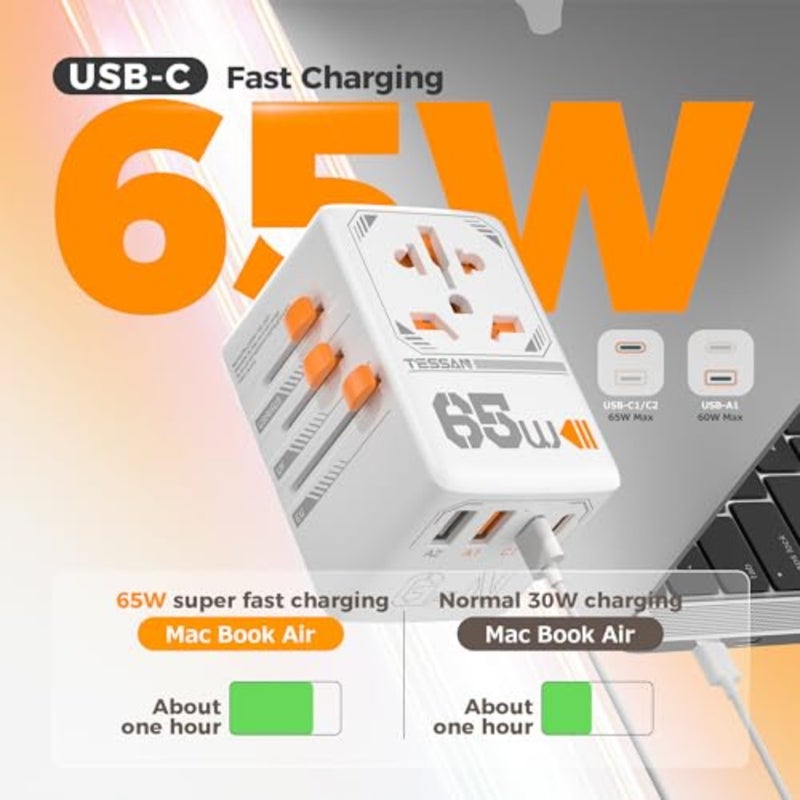 محول سفر عالمي بقدرة 65 وات، محول قابس دولي مع 4 منافذ شحن USB 2 USB C، منفذ طاقة عالمي للولايات المتحدة إلى الاتحاد الأوروبي والمملكة المتحدة وأستراليا وأيرلندا (النوع C، G، A، I) - Image 4