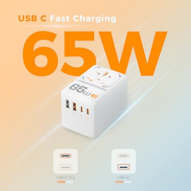 محول سفر عالمي بقدرة 65 وات، محول قابس دولي مع 4 منافذ شحن USB 2 USB C، منفذ طاقة عالمي للولايات المتحدة إلى الاتحاد الأوروبي والمملكة المتحدة وأستراليا وأيرلندا (النوع C، G، A، I) - Image 3