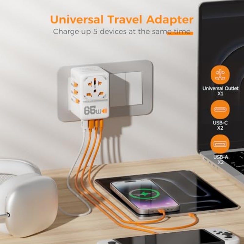 محول سفر عالمي بقدرة 65 وات، محول قابس دولي مع 4 منافذ شحن USB 2 USB C، منفذ طاقة عالمي للولايات المتحدة إلى الاتحاد الأوروبي والمملكة المتحدة وأستراليا وأيرلندا (النوع C، G، A، I) - Image 5