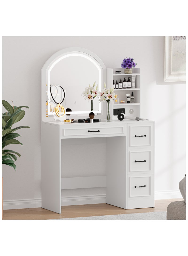 شوغوري طاولة تزيين مع مرآة وإضاءة، طاولة تزيين للمكياج مع خزانة جانبية، طاولة تزيين بأربعة أدراج وغطاء زجاجي، طقم تزيين عصري مع مقبس كهربائي ومرآة كبيرة - Image 1