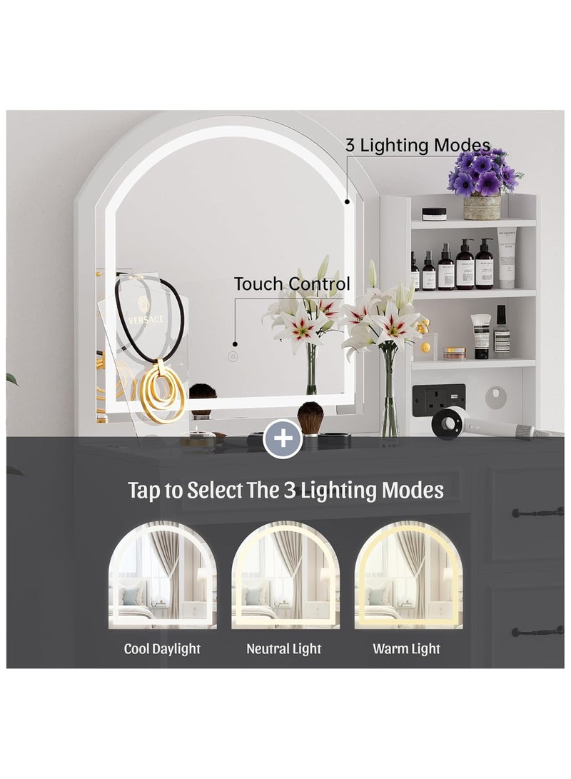 شوغوري طاولة تزيين مع مرآة وإضاءة، طاولة تزيين للمكياج مع خزانة جانبية، طاولة تزيين بأربعة أدراج وغطاء زجاجي، طقم تزيين عصري مع مقبس كهربائي ومرآة كبيرة - Image 4