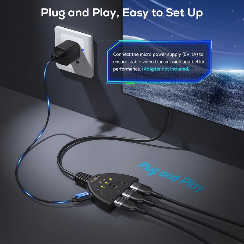 جانا محول GANA HDMI محول HDMI 4K مقسم HDMI محول HDMI عالي الدقة 3 مداخل ومخرج واحد مع دعم 4K/1080P/3D لأجهزة Xbox / PS3 / PS4 / Apple TV / Fire TV / مشغل أقراص Blu-Ray DVD - Image 5