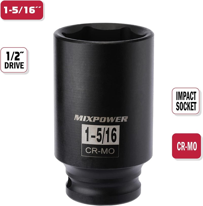 MIXPOWER 1/2" Drive Deep Impact Socket, CR-MO, 1-5/16", 6 Point, Axle Nut Impact Grade Socket for Easy Removal - Image 2