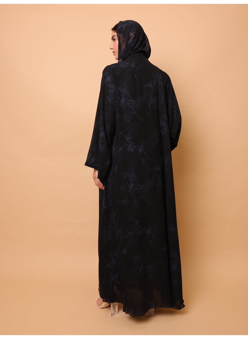 اكسا عباية سوداء مطبوعة بالورود - Image 3