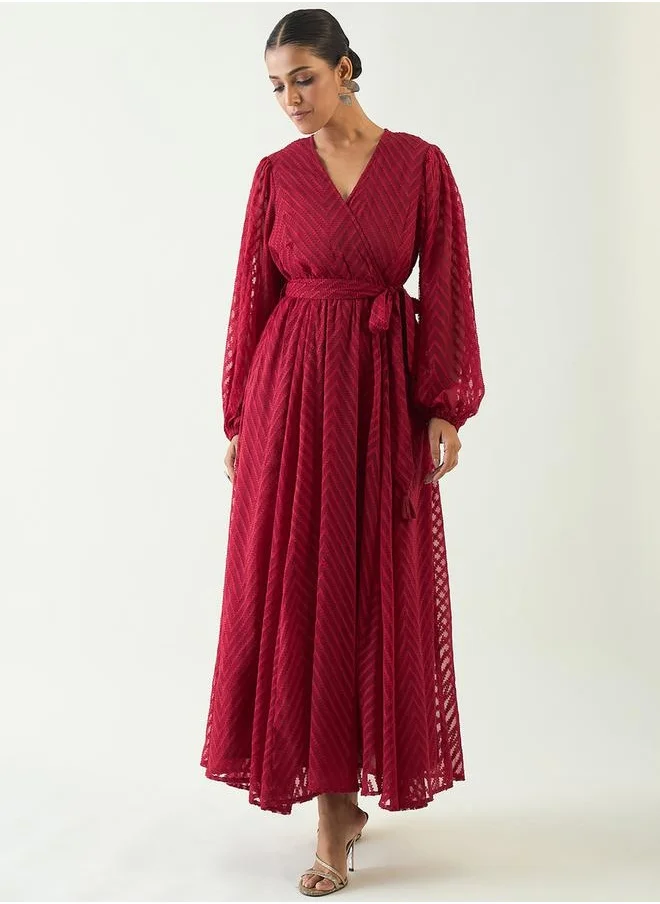 فيميلا Chevron Dobby Balloon Sleeve Wrap Maxi Dress