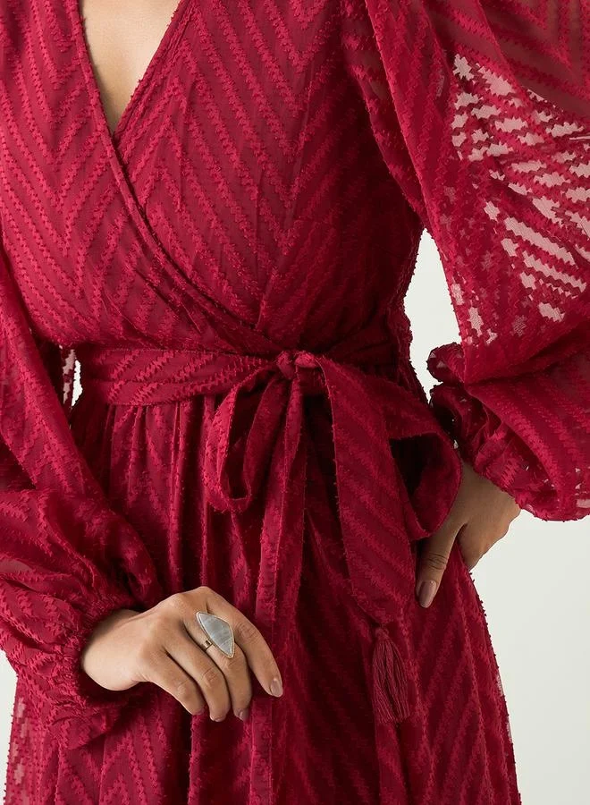 Femmella Chevron Dobby Balloon Sleeve Wrap Maxi Dress by Styli