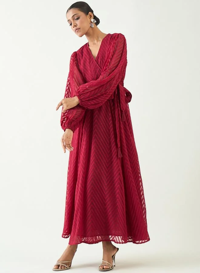 Femmella Chevron Dobby Balloon Sleeve Wrap Maxi Dress by Styli