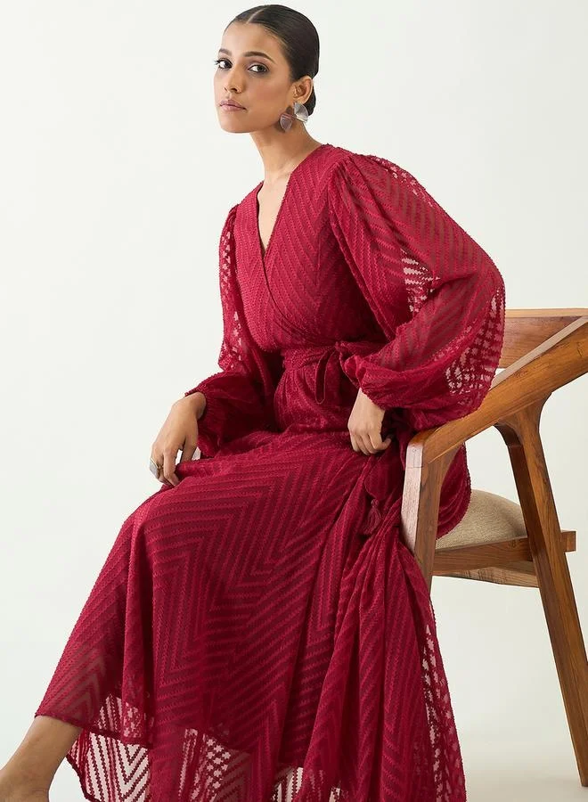 Femmella Chevron Dobby Balloon Sleeve Wrap Maxi Dress by Styli