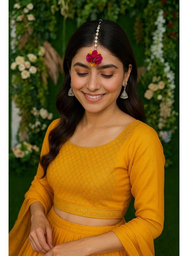 TRENDING HUT Floral Gotta Patti Maang TIkka for Haldi Ceremony/Bride/Baby Shower Engagement Wedding Maangtikka for Women & Girls Ethnic and Traditional Gota and Flower Jewellery. (20) - Image 2