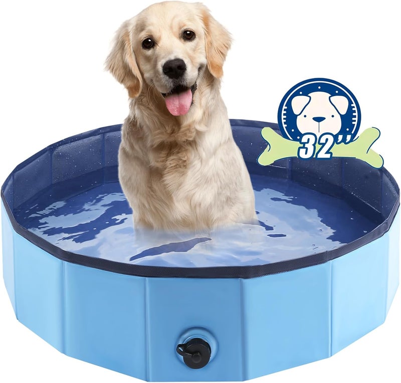 Eooqi Foldable Dog Bath Swimming Pool Plastic Kiddie Pool Professional Tub Collapsible Grooming Bathtub for Pets Kids Baby and Toddler, 32 x 8 Inches Blue - Image 1