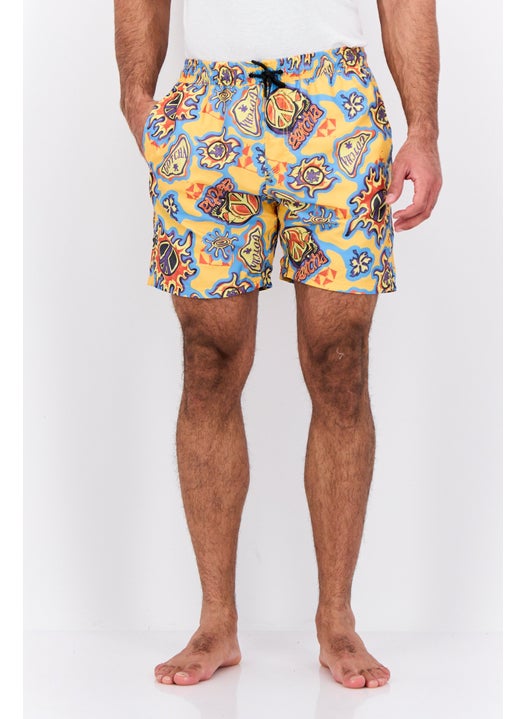 Men Allover Print Board Shorts, Yellow Combo