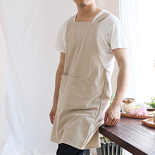 NEWGEM Japanese Linen Cross Back Kitchen Cooking Aprons for Men with Pockets for Baking Painting Gardening Cleaning Khaki - Image 3