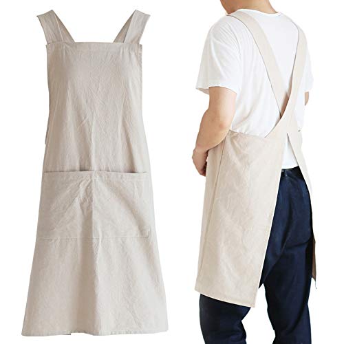 NEWGEM Japanese Linen Cross Back Kitchen Cooking Aprons for Men with Pockets for Baking Painting Gardening Cleaning Khaki - Image 1