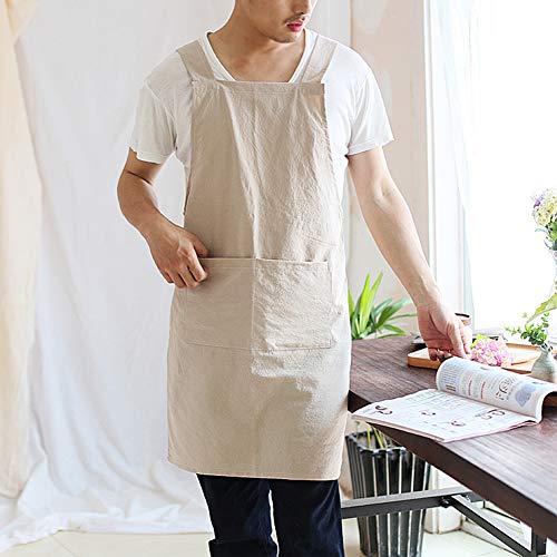 NEWGEM Japanese Linen Cross Back Kitchen Cooking Aprons for Men with Pockets for Baking Painting Gardening Cleaning Khaki - Image 2