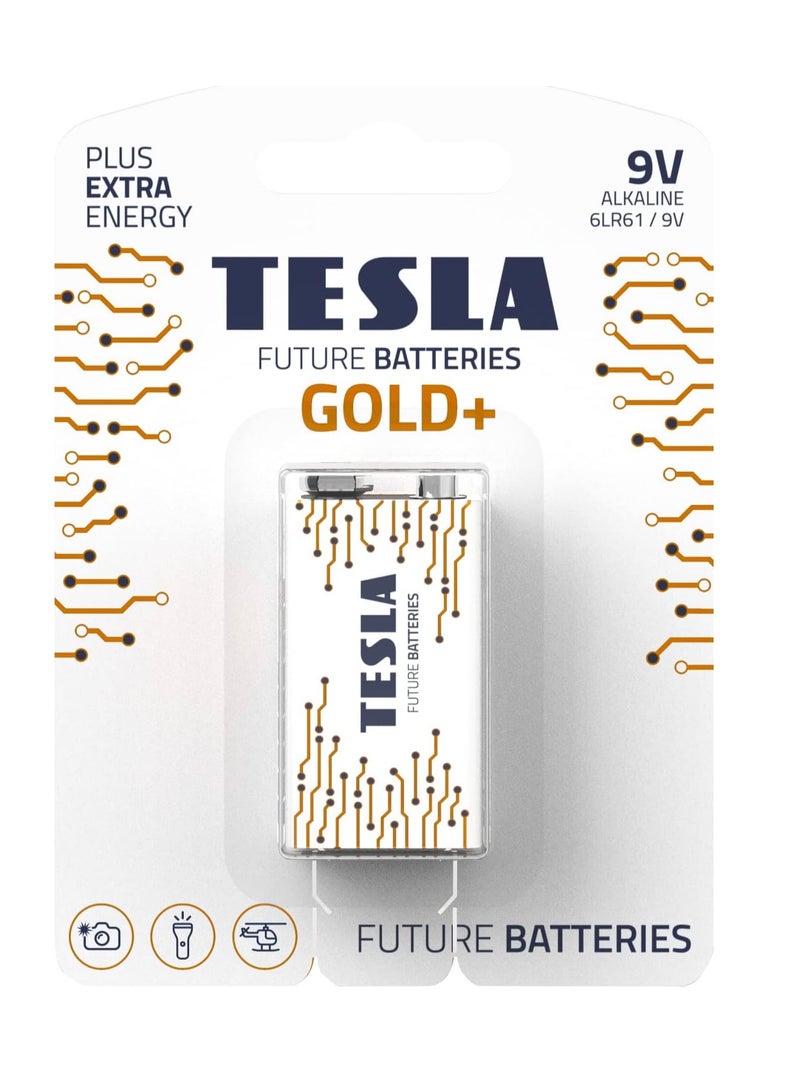 بطاريات تسلا بطاريات قلوية GOLD+ 9V 6LR61 قطعة واحدة - بطاريات قوية لأقصى أداء، طاقة ثابتة 9 فولت للأجهزة عالية الاستهلاك مثل الكاميرات والميكروفونات وأدوات القياس، مع تركيبة مانعة للتسرب، وأداء طويل الأمد، وتصميم صديق للبيئة، ومناسبة للاستخدام المنزلي والمهني، طاقة موثوقة تدوم لأطول فترة ممكنة  - Image 1