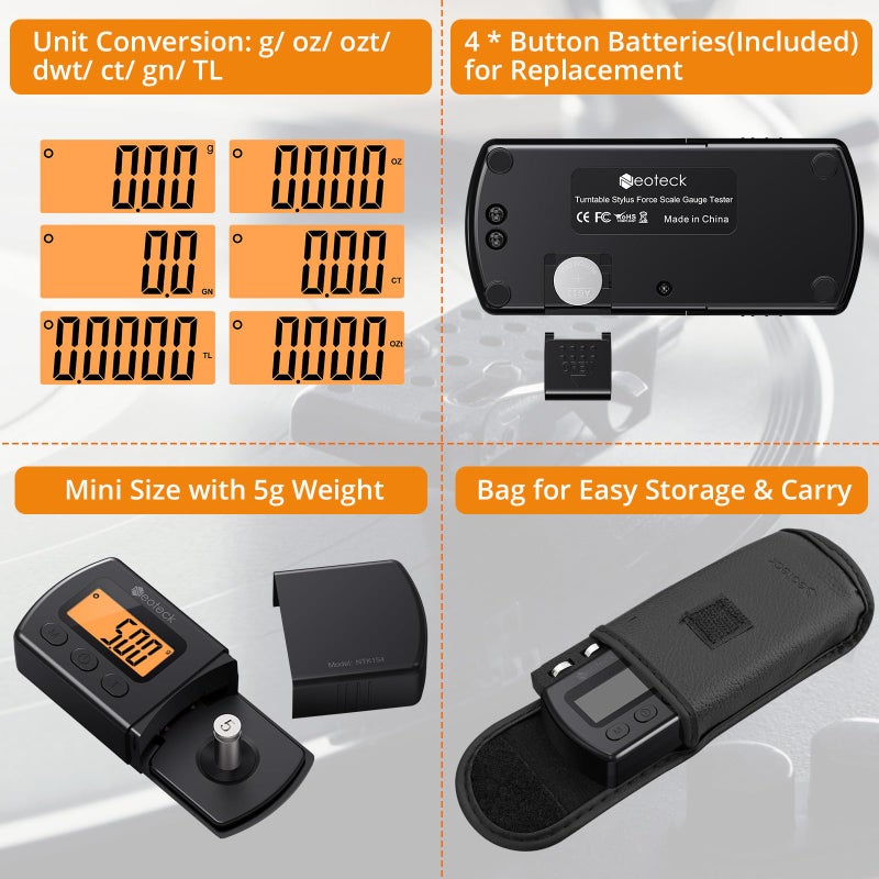 Neoteck Digital Turntable Stylus Force Scale Gauge 0.01g/5.00g Orange LCD Backlight for Tonearm Phono Cartridge-Jet Black - Image 4