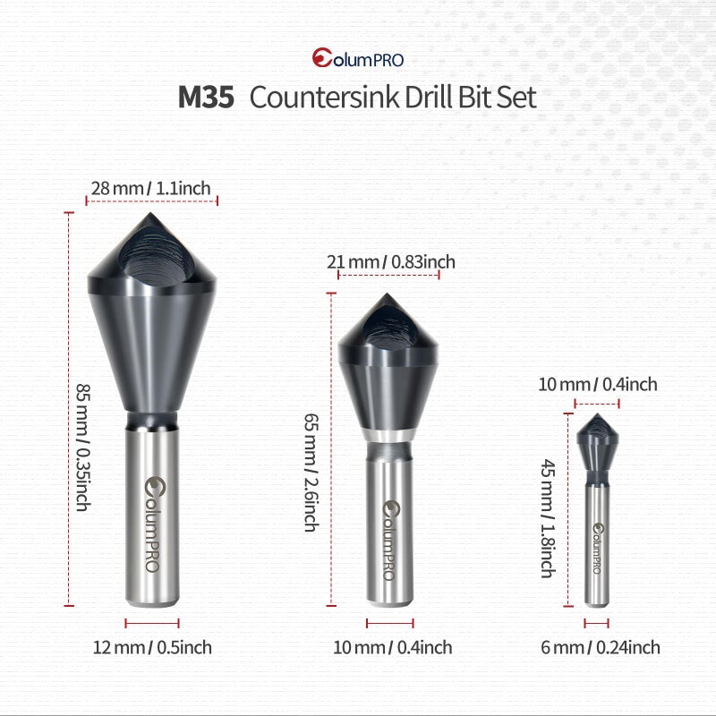 ColumPRO 3PCS Cobalt Single-End Countersink Chamfer Tool Set -TiAlN Coated Heavy-Duty M35 90-Degree Countersink Bits for Metal, Stainless Steel, Copper, Wood, Fiberboard,2-5,10-15,15-20MM,1/4"-3/4" - Image 2
