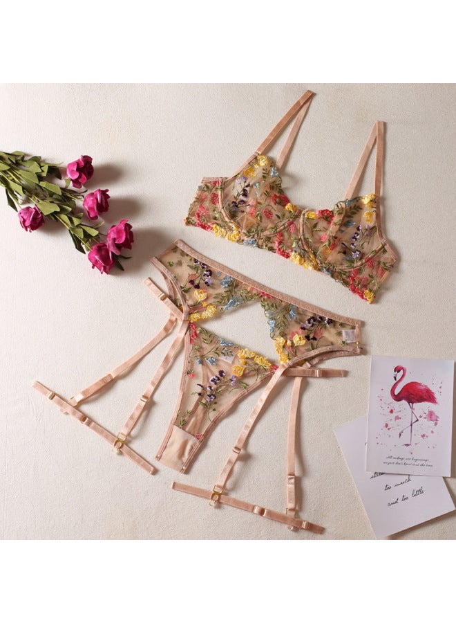 Perspective Yellow Pastoral Floral Bra Garter Belt Thong Leg Ring Three-piece Underwear Set