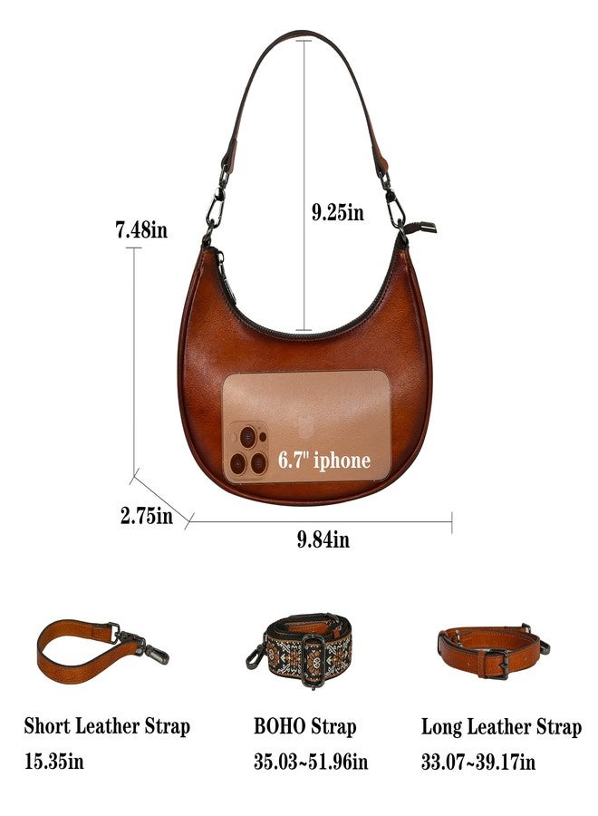 HESHE Leather Hobo Bags for Women, Retro Crossbody Crescent Bag, Small Shoulder Purse with 3 Straps (Brown) - Image 4