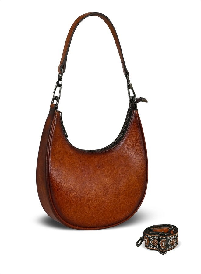 HESHE Leather Hobo Bags for Women, Retro Crossbody Crescent Bag, Small Shoulder Purse with 3 Straps (Brown) - Image 1