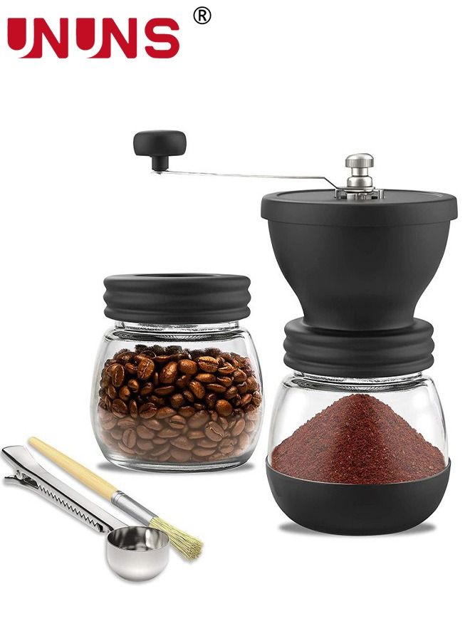 UNUNS Manual Coffee Grinder with Ceramic Burrs,Hand Coffee Mill with Two Glass Jars(11oz Each), Cleaning Brush and Coffee Scoop French Press, Pour Over, Drip Coffee - Image 1