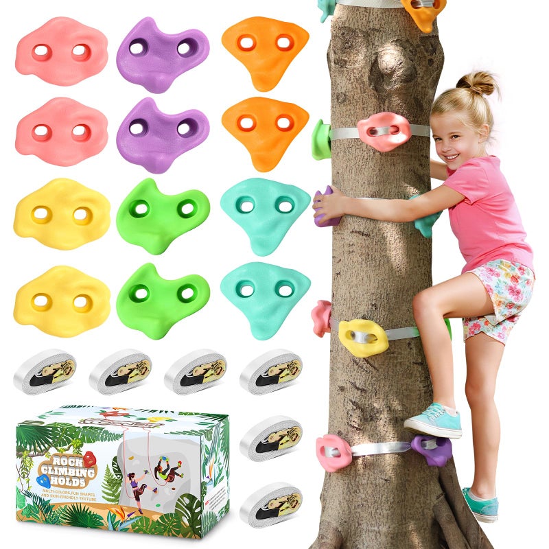 TOPNEW 12 Ninja Tree Climbing Holds for Kids Climber Tree Climbing Kit with 6 Ratchet Straps for Outdoor Ninja Warrior Obstacle Course Training Pastel Color - Image 2
