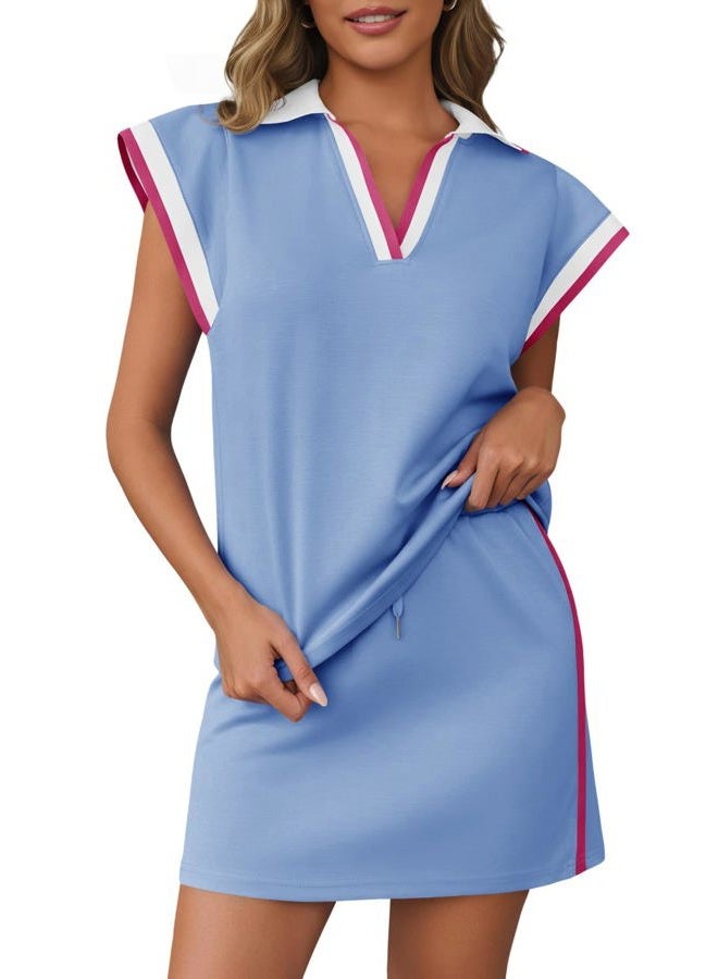 Fisoew Womens 2 Piece Lounge Sets Summer Cap Sleeve Tops Mini Skirts Casual Color Block Travel Vacation Outfits, Blue, S - Image 1