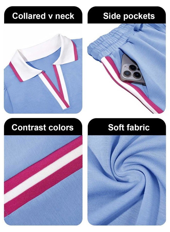 Fisoew Womens 2 Piece Lounge Sets Summer Cap Sleeve Tops Mini Skirts Casual Color Block Travel Vacation Outfits, Blue, S - Image 5
