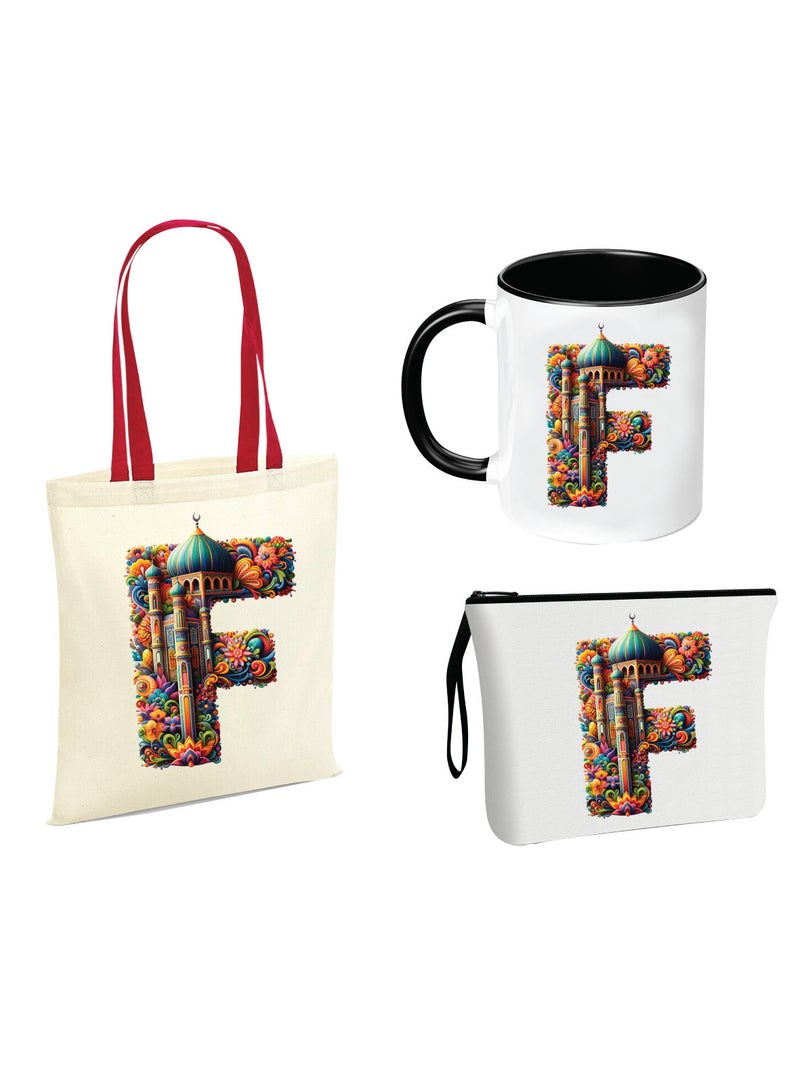 PRINTSHOP4ME Pack of 3 Initial Monogram Gift Set - Black Coffee Mug, Cosmetic Bag and Cotton Tote bag Set - Gift Set for Her - Perfect for Ramadan, School, Travel and Birthday Gift - Image 1