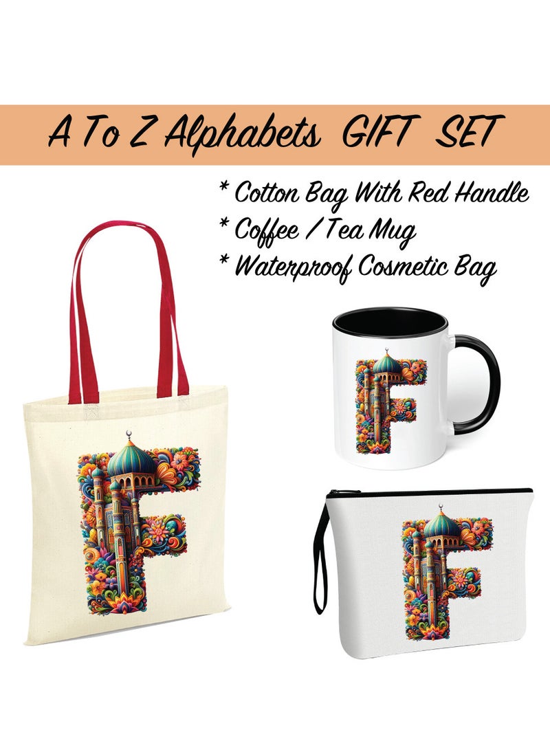 PRINTSHOP4ME Pack of 3 Initial Monogram Gift Set - Black Coffee Mug, Cosmetic Bag and Cotton Tote bag Set - Gift Set for Her - Perfect for Ramadan, School, Travel and Birthday Gift - Image 2