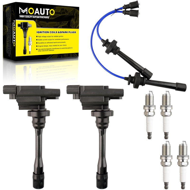 MOAUTO Set of 2 Ignition Coils Pack UF295 MD362907 4 PCS Iridium Spark Plugs with Wire Set Compatible with Chrysler Sebring Dodge Stratus Mitsubishi Eclipse Galant Lancer Mirage Outlander L4