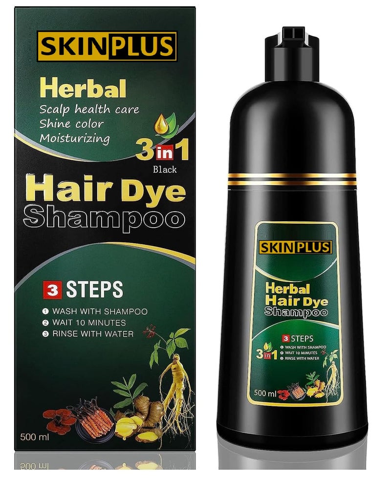SKINPLUS Herbal 3 in 1 Hair Dye Instant Black Hair Shampoo for Women & Men 500ML - Image 1