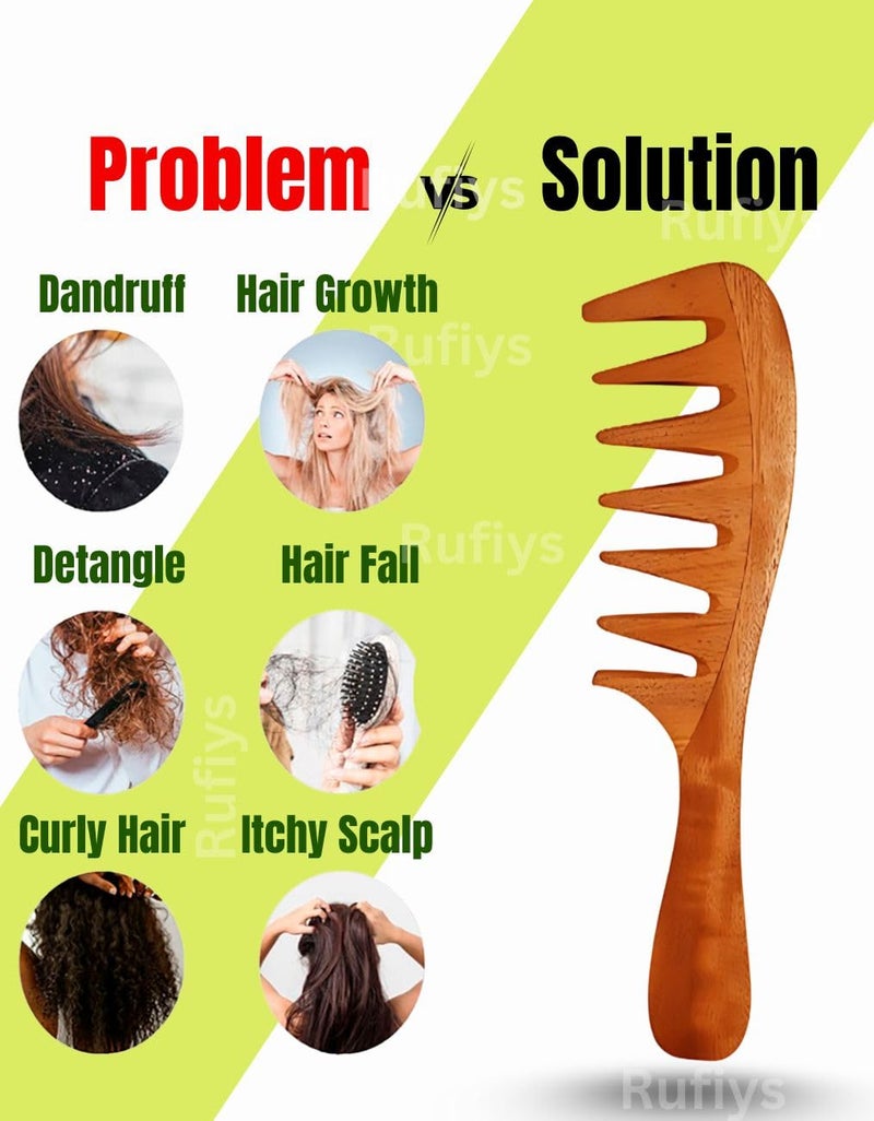 Rufiys Neem Wood Wide Tooth Comb – Detangler for Curly, Thick & Natural Hair –Wooden Comb for Men & Women – Hair Growth, Dandruff Anti-Frizz Hair Tool - Image 5
