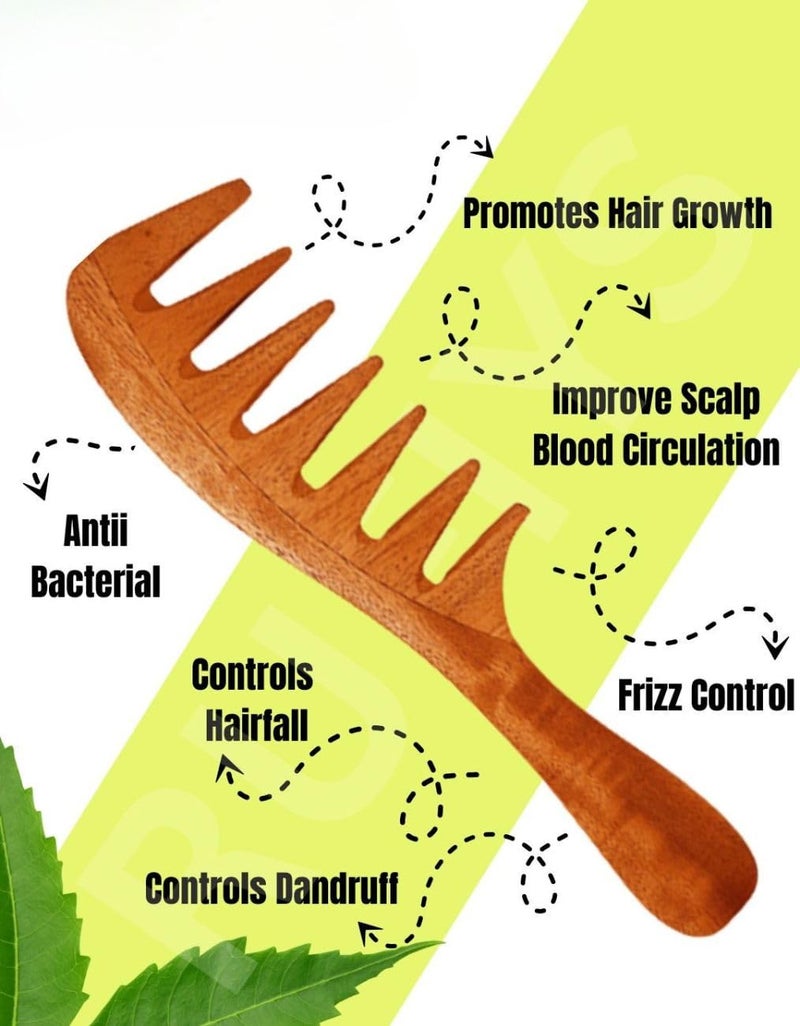 Rufiys Neem Wood Wide Tooth Comb – Detangler for Curly, Thick & Natural Hair –Wooden Comb for Men & Women – Hair Growth, Dandruff Anti-Frizz Hair Tool - Image 3