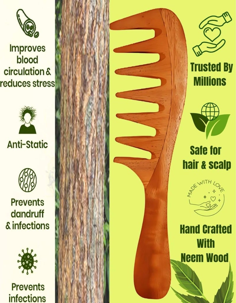 Rufiys Neem Wood Wide Tooth Comb – Detangler for Curly, Thick & Natural Hair –Wooden Comb for Men & Women – Hair Growth, Dandruff Anti-Frizz Hair Tool - Image 2