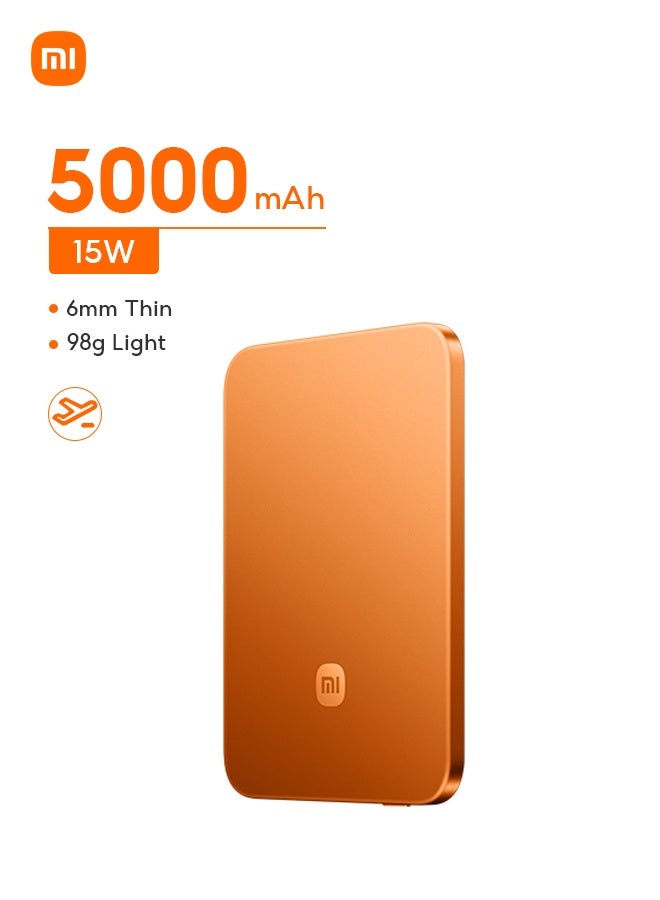 Xiaomi UltraThin Magnetic power bank，6mm thin，Ultra-Slim 5000mAh Battery pack，15W Max Ultra-Fast MagSafe-Compatible Portable Charger，metal body，For iPhone 17/16/15/14/13/12，xiaomi 15/14/13/12，samsung S25/S24/S23 Orange - Image 1