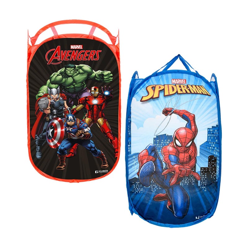 Kuber Industries Laundry Basket | Marvel Avengers & Spiderman Net Foldable Laundry | Nylon Storage Basket with Handle for Home | Toy Storage Basket | 30 LTR | Pack of 2 | Multicolor - Image 1