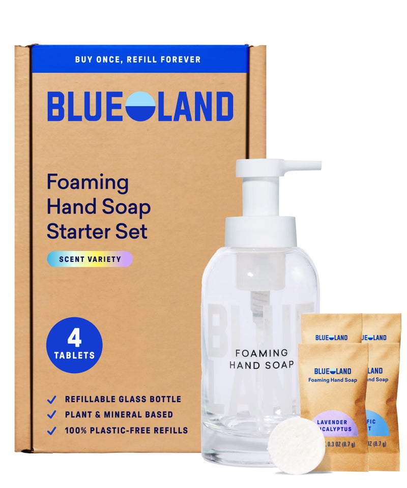 BLUELAND Hand Soap Starter Set, 1 Refillable Glass Foaming Hand Soap Dispenser with 4 Refill Tablets, Variety Scents, 4 x 9 Fl oz - Image 1