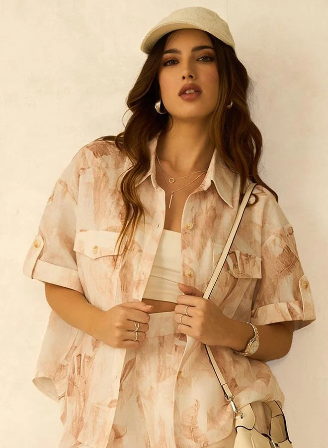 Virgio  Virgio Women Rescued Poly Shirt Collar Crop Length Tropical Roll-Up Sleeves Top for Women | Best Price UAE